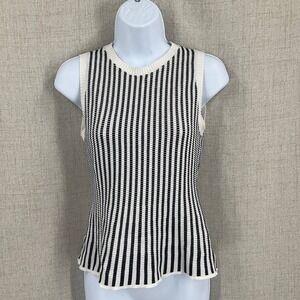 Theory Knit Shell Sz S‎ White Black Striped Textured Sleeveless Top Minimalist